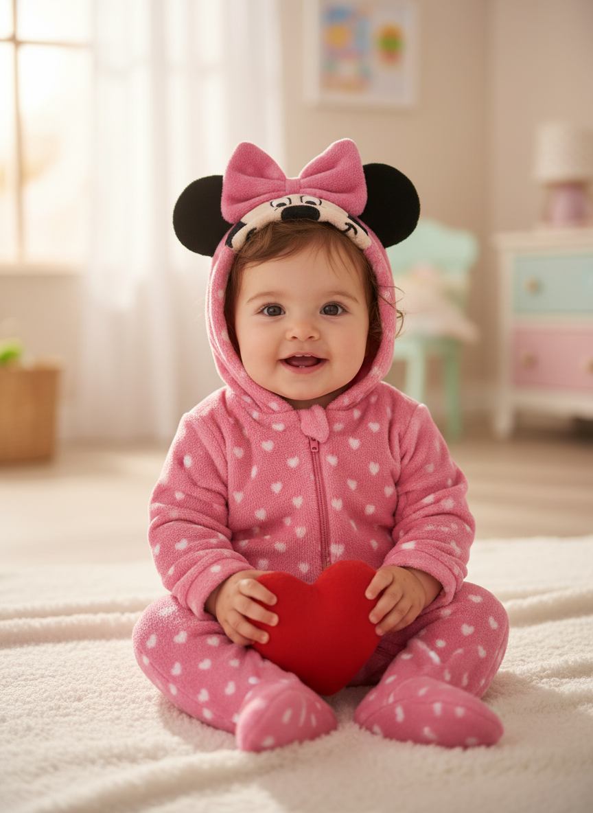 combinaison bebe rose a coeurs avec noeud- douce et confortable